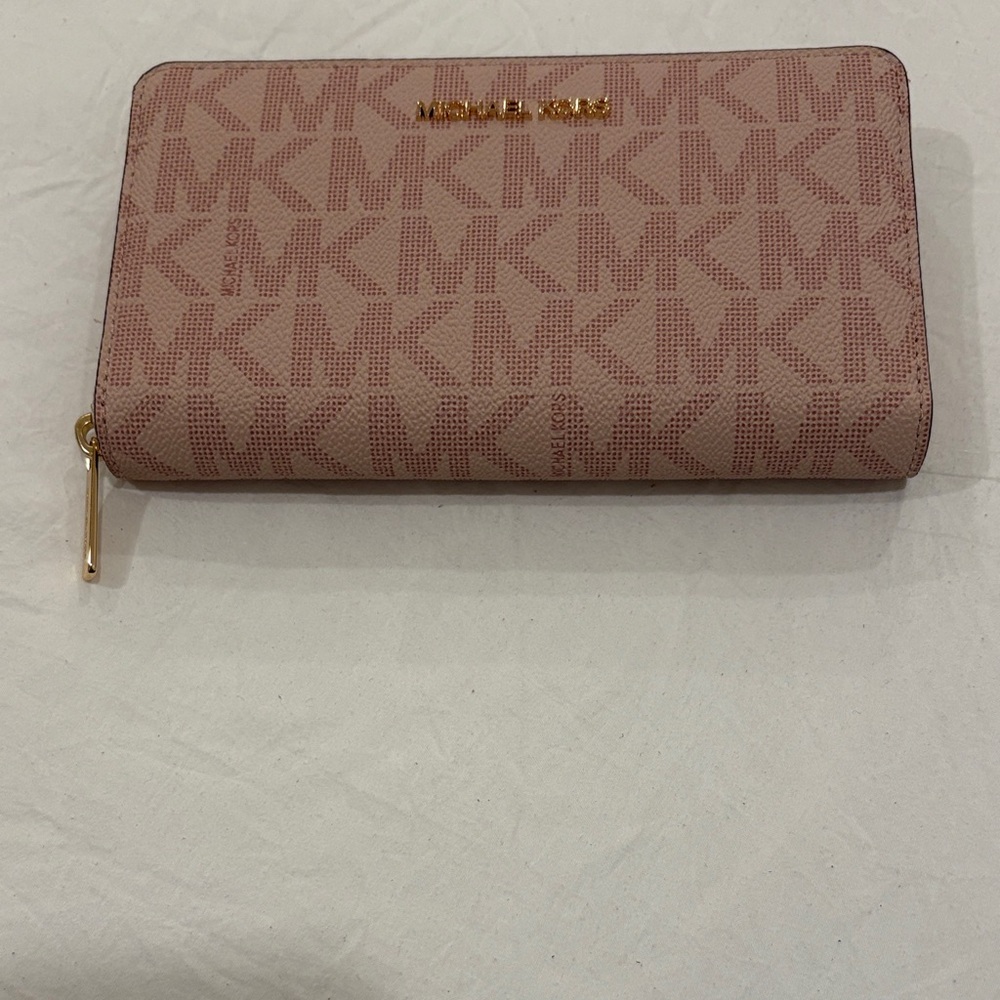 Michael Kors Blush Pink MK Logo Zip-Around Wallet with Gold Hardware